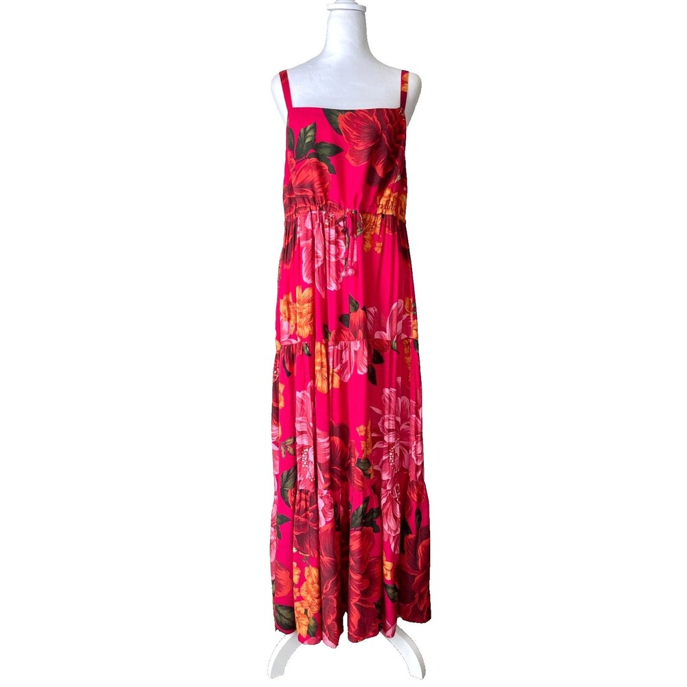 Farm Rio Tiered Maxi Dress Sz M Pink Vibrant Floral Boho Free Spirited Feminine - Picture 2 of 14